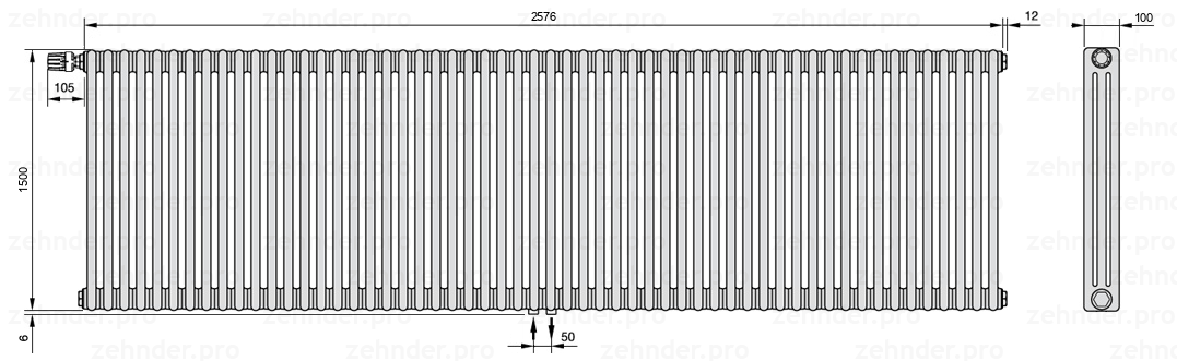 Схема (чертеж) Радиатор Zehnder Charleston 3150/56 №V007 Белый глянцевый RAL 9016